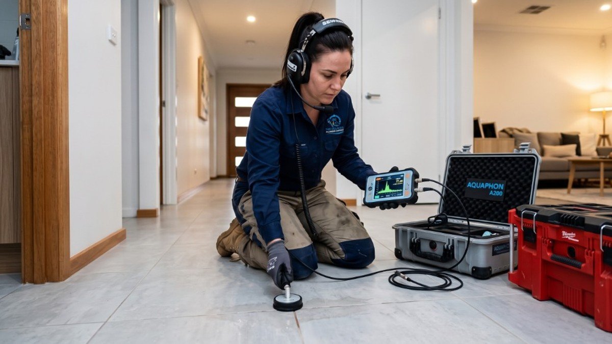 Plumbing technician using acoustic leak detection in Anthony, FL
